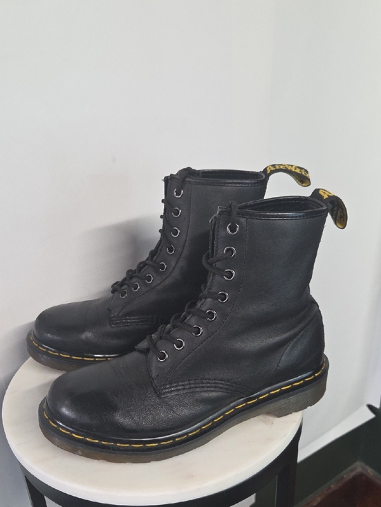 Dr. Martens Shoes - Dr. Martens Black Leather 8-Eye Lace Boots with Yellow Stitching Size 8
